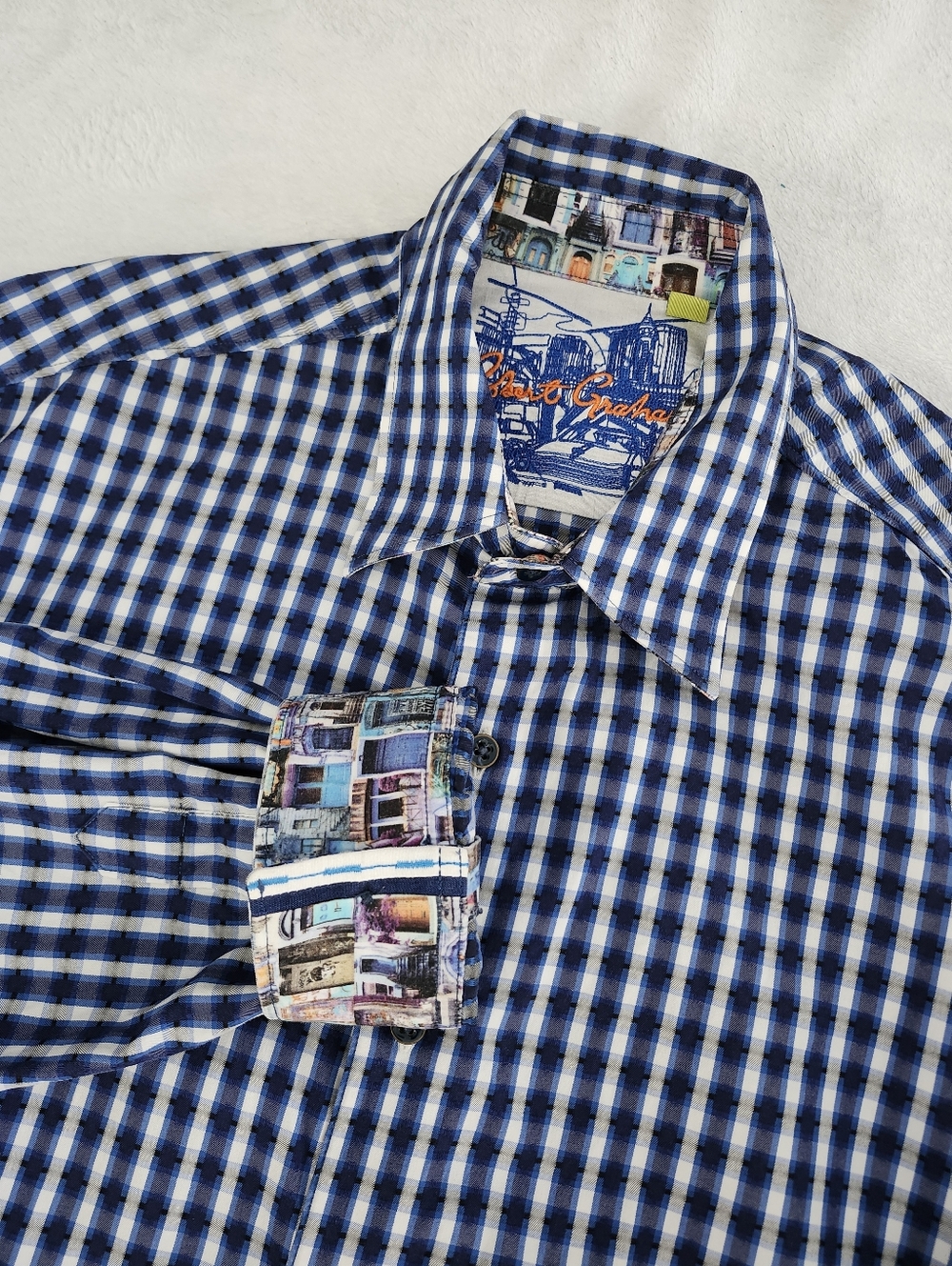 ROBERT GRAHAM Men's Classic Fit Shirt XL Blue Gingham Plaid Interior Print Cuffs - Picture 1 of 11